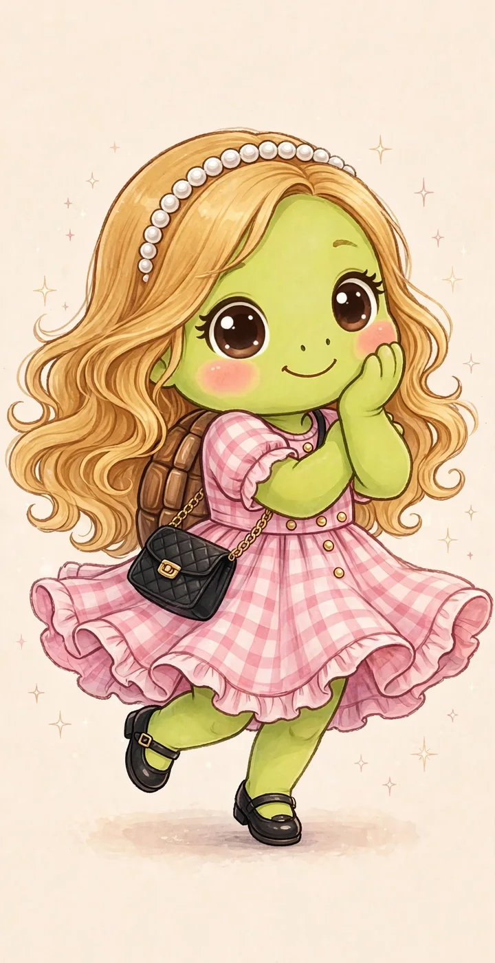 Olga — a little turtle in a pink plaid dress with a pearl headband, smiling