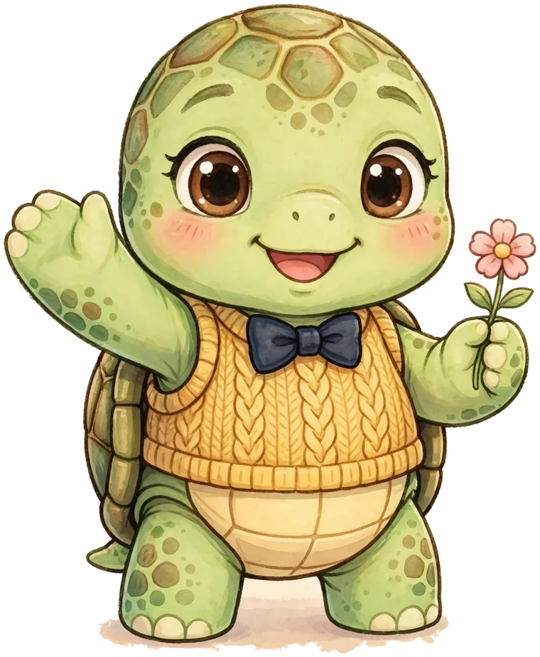 A calm little turtle in a bow tie, smiling with his eyes closed
