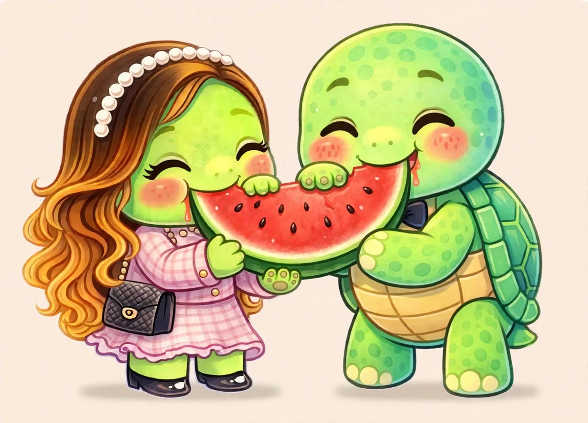 Drew and Olga sharing a big slice of watermelon