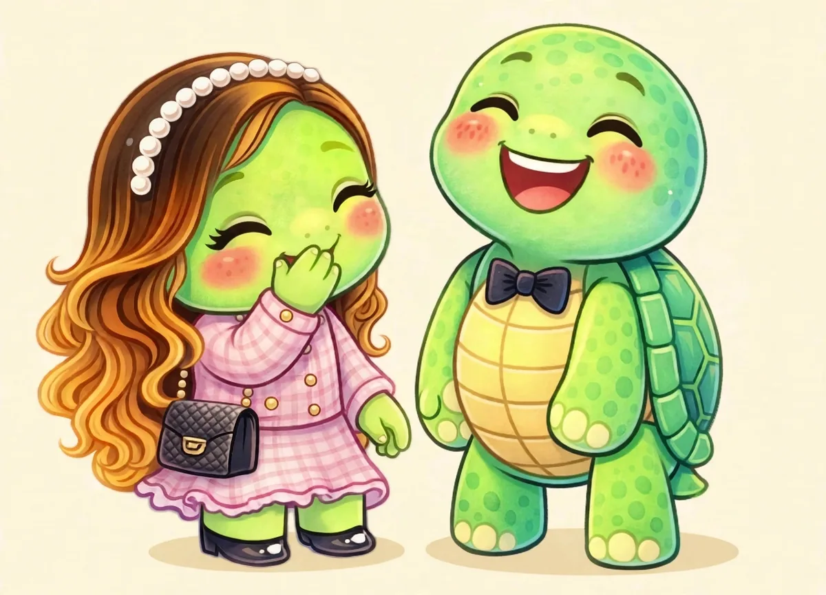 Olga giggling behind her hand while Drew laughs
