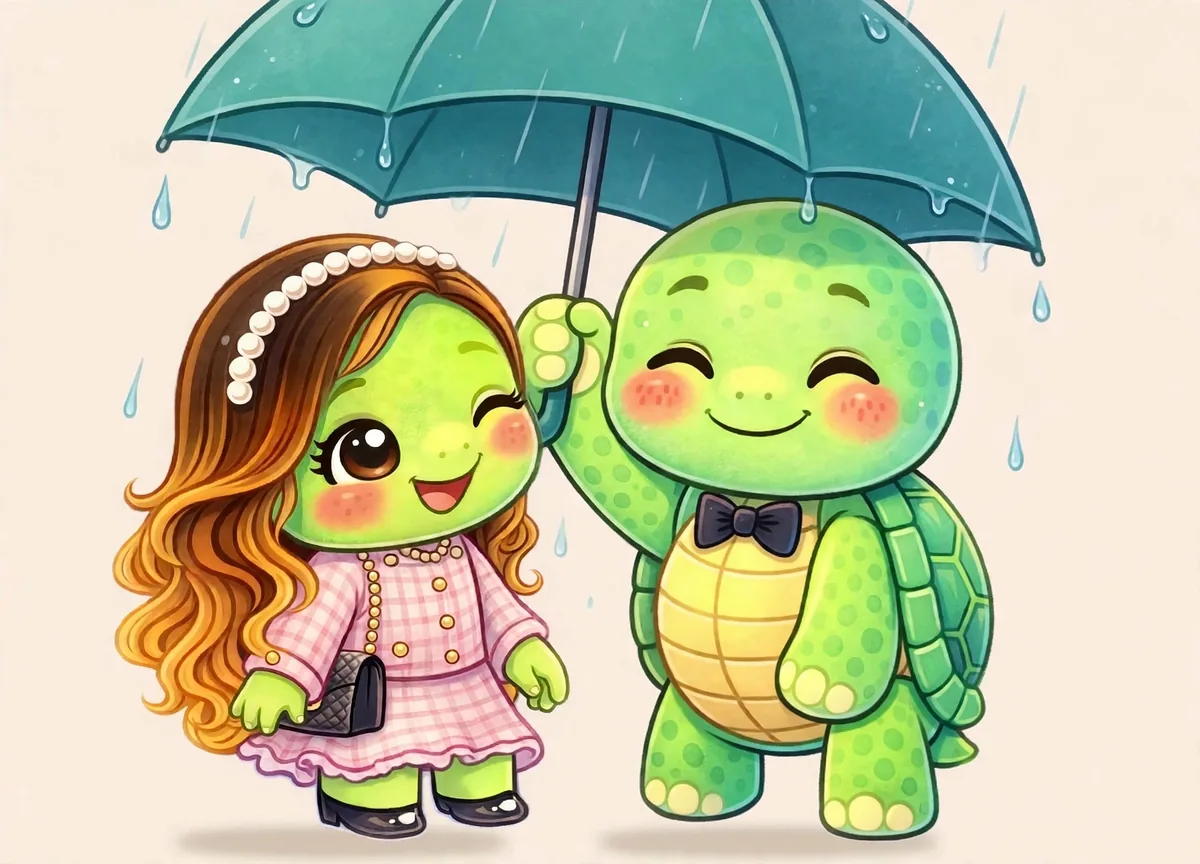 Drew and Olga sharing one big umbrella in the rain