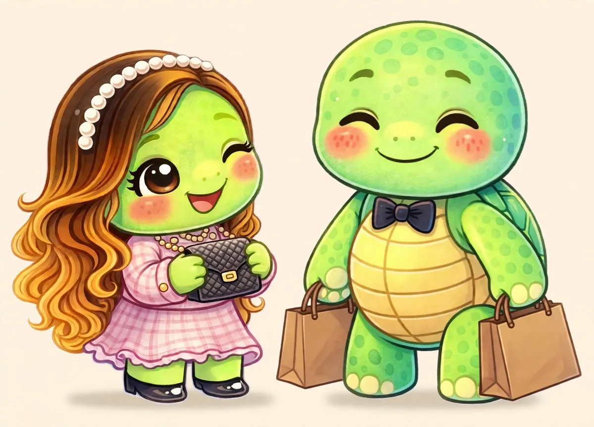 Drew carrying shopping bags while Olga holds up her purse