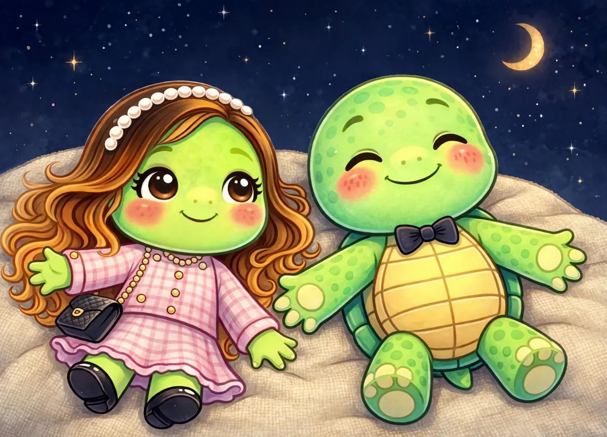 Drew and Olga stargazing on a blanket under a crescent moon